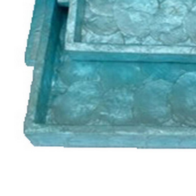 Decorative Tray Set of 2, 18 Inch Rectangular Ombre Blue Capiz Details - Benzara