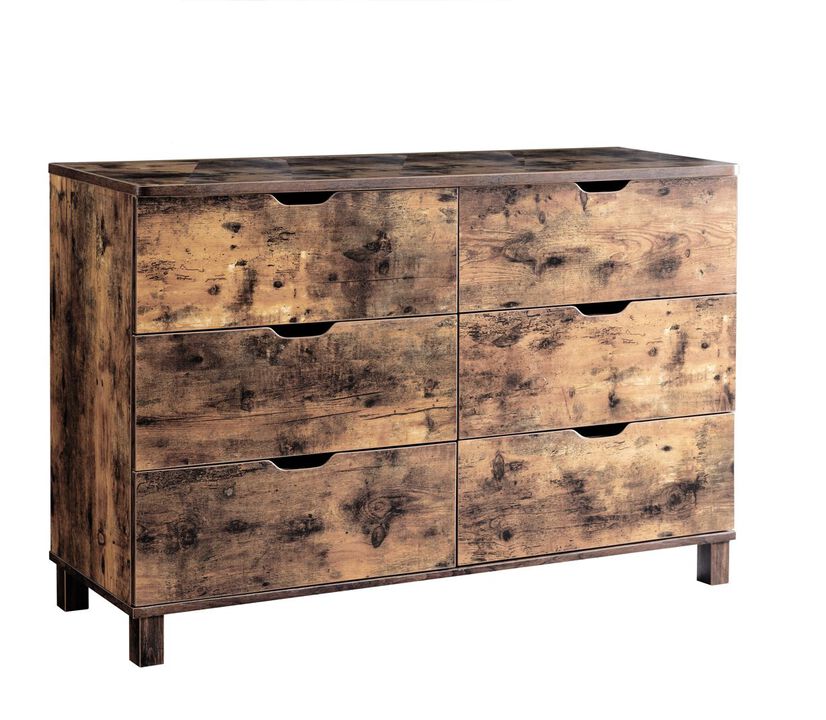 Distressed Wood Dresser with 6 Drawers & Cutout Curved Handles