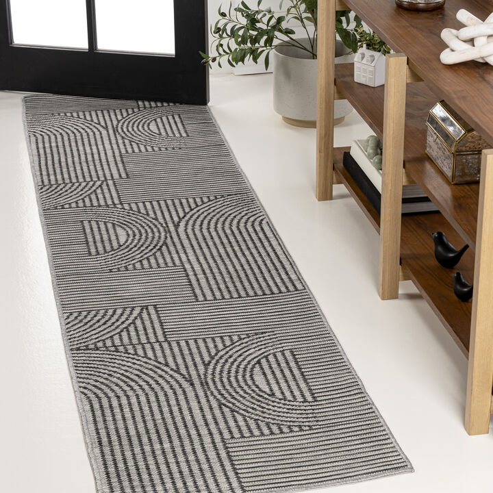Zephyr Mid-Century Modern Arch Stripe Reversible Machine-Washable Cream/Beige 2 ft. x 8 ft. Indoor/Outdoor Runner Rug