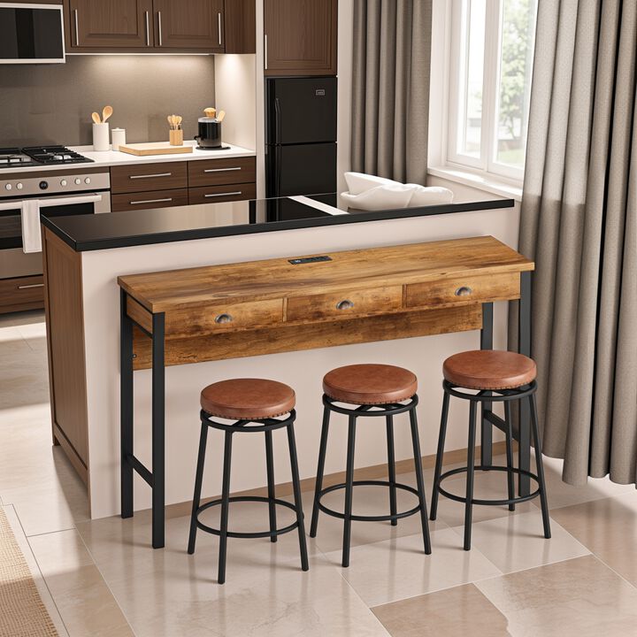 3-Drawer Long Dining Table Set with Power Outlets & Bar Kitchen Table Set with Circular PU Stools, Easy Assemble