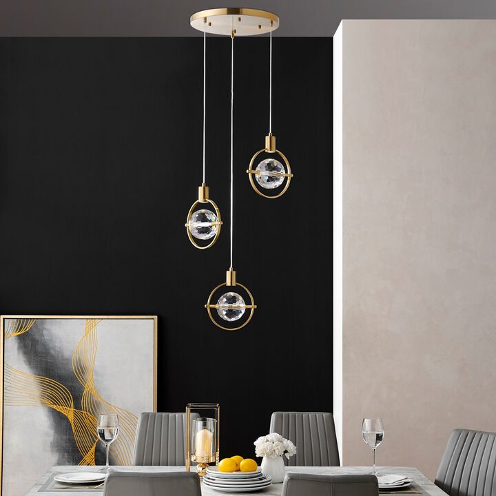 Hollywood Pendant Gold Metal and Acrylic 3 LED Lights Dimmable