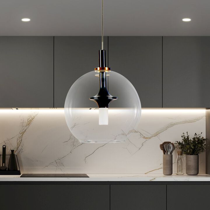 VONN Lighting Integrated LED Height Adjustable Pendant Light with Glass Shade in Antique Brass