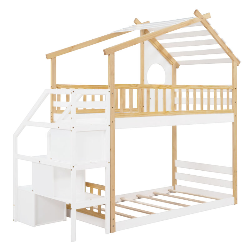 Stairway Twin-Over-Twin Bunk Bed, House Bed, Storage And Guard Rail, Natural Bed + Stair