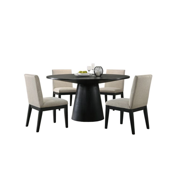 Kiy 5pc Black Dining Table Set with 4 Ergonomic Chairs, Beige Upholstery - Benzara