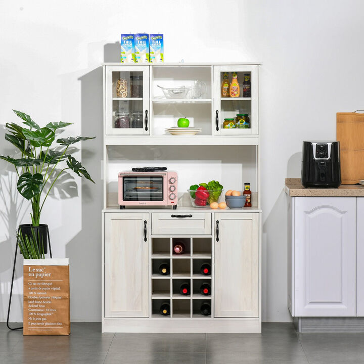White Kitchen Storage: Buffet Hutch with Drawer, Cabinets, and Wine Rack