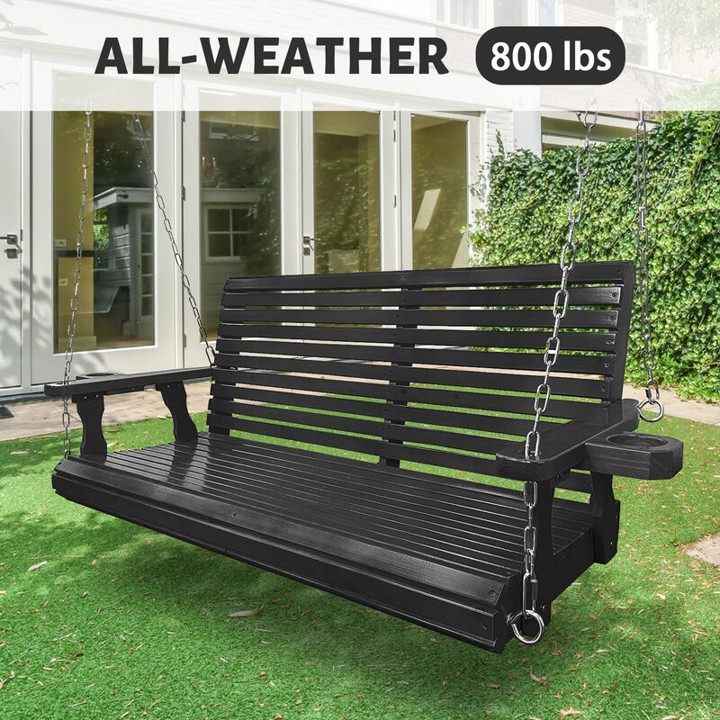 2-Seater Solid Wood Porch Hanging  Swing , Bench Swing with Cup holders, Hanging Chains and 7mm Springs, Heavy Duty 800 LBS, for Outdoor Patio Garden Yard, 4 ft, Black