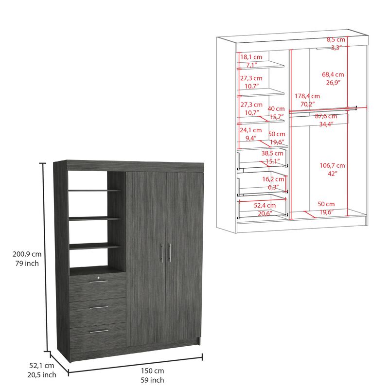 Kenya 3 Drawers Armoire, Double Door, 3-Tier Shelf -Smokey Oak