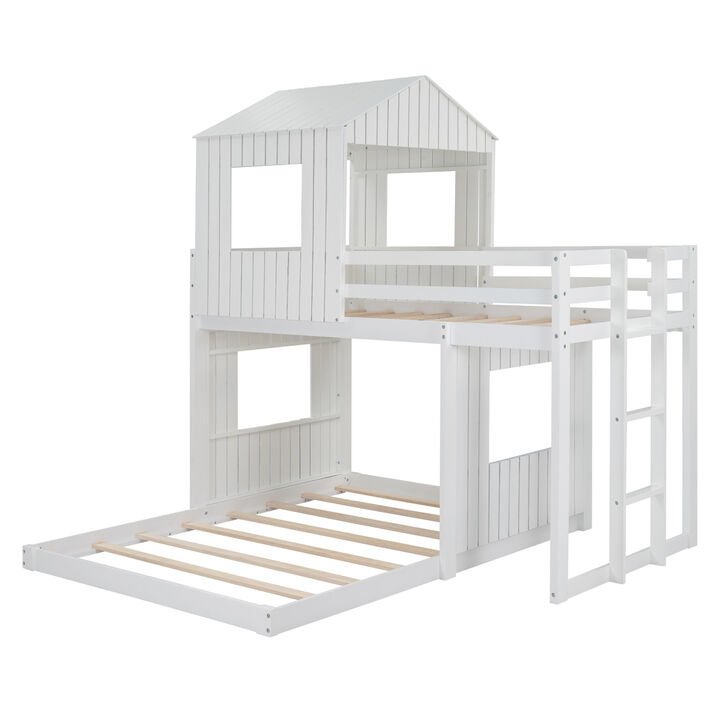 Wooden Twin Over Full Bunk Bed, Loft Bed With Playhouse, Farmhouse, Ladder And Guardrails, White