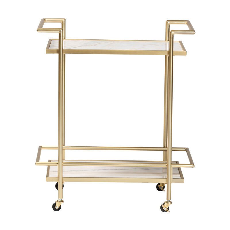 Baxton Studio Louise Contemporary Glam and Luxe Gold Metal and White Marble 2 Tier Wine Cart
