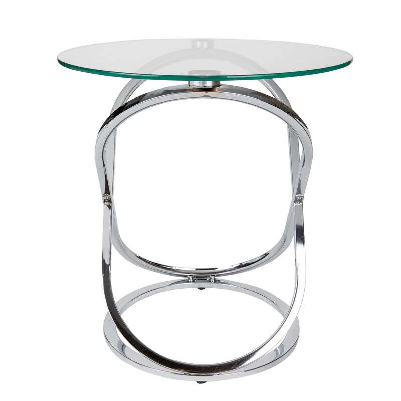 Galaxy Tempered Glass Round End Table with Cross Base Metal Frame