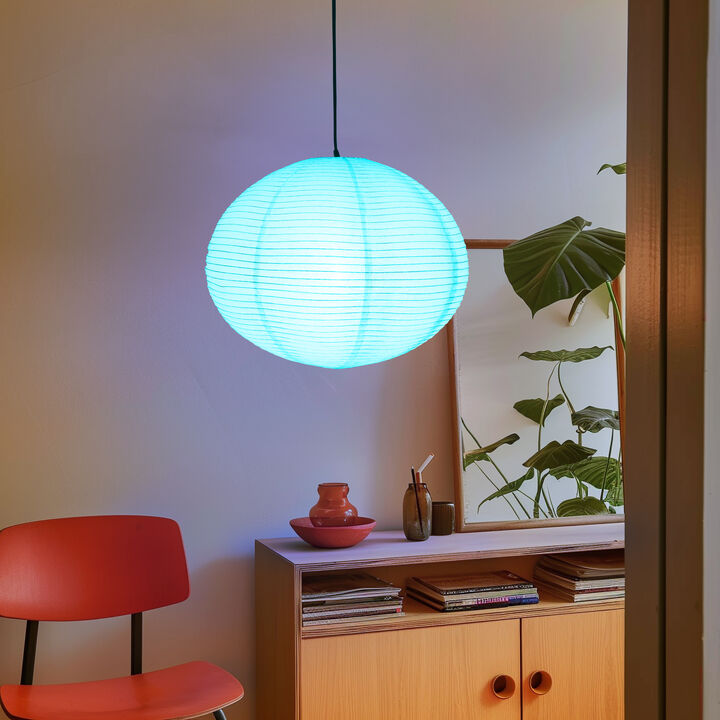 Brightech Jupiter LED Pendant Light with RGB Color-Changing Bulb - Japanese Zen Design Rice Paper Shade - Modern Plug-In Lamp for Ambient Home Office, Nursery, Tech-Friendly with 20ft Cord