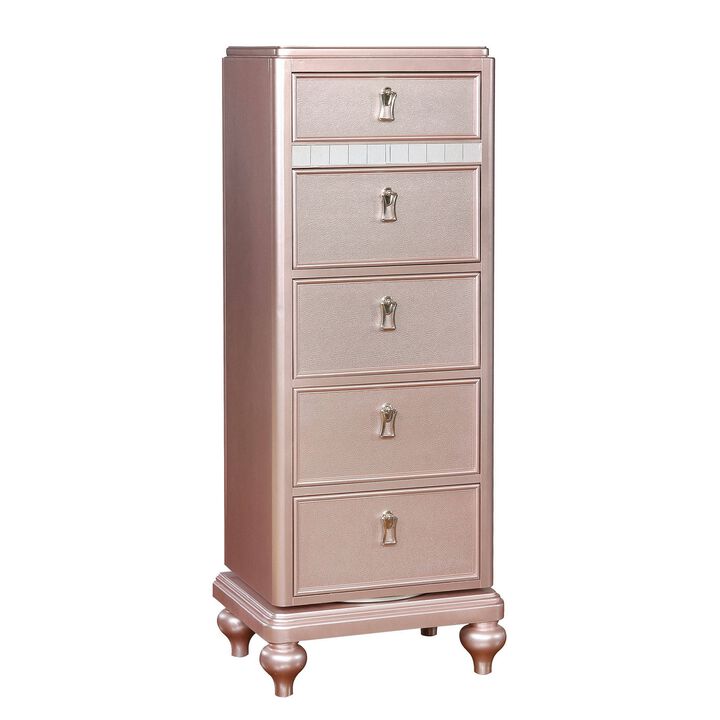 Wooden Frame 5 Drawer Swivel Chest with Mirror Trim, Rose Gold-Benzara