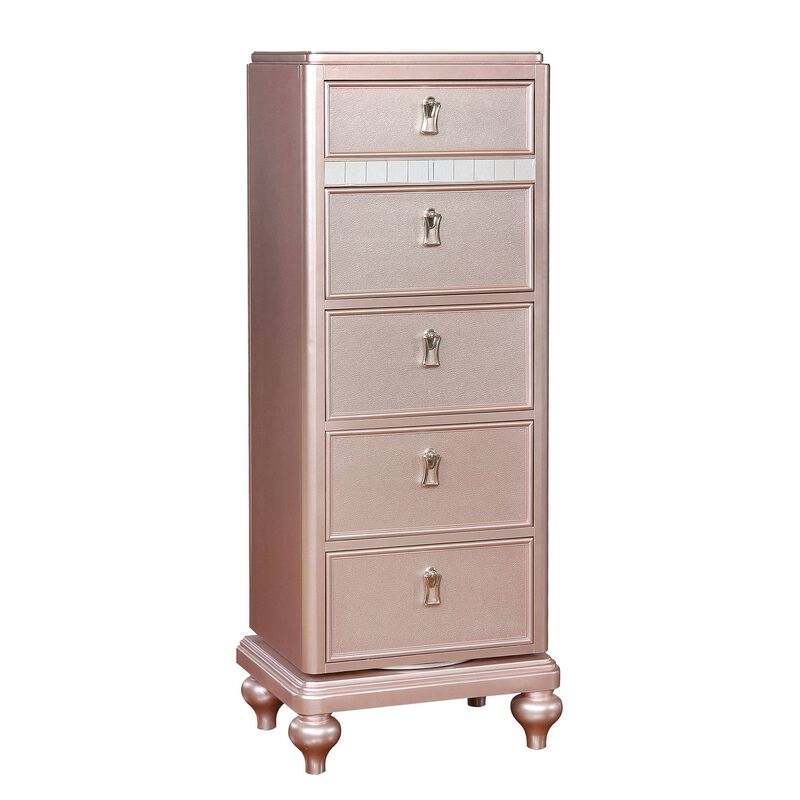 Wooden Frame 5 Drawer Swivel Chest with Mirror Trim, Rose Gold-Benzara