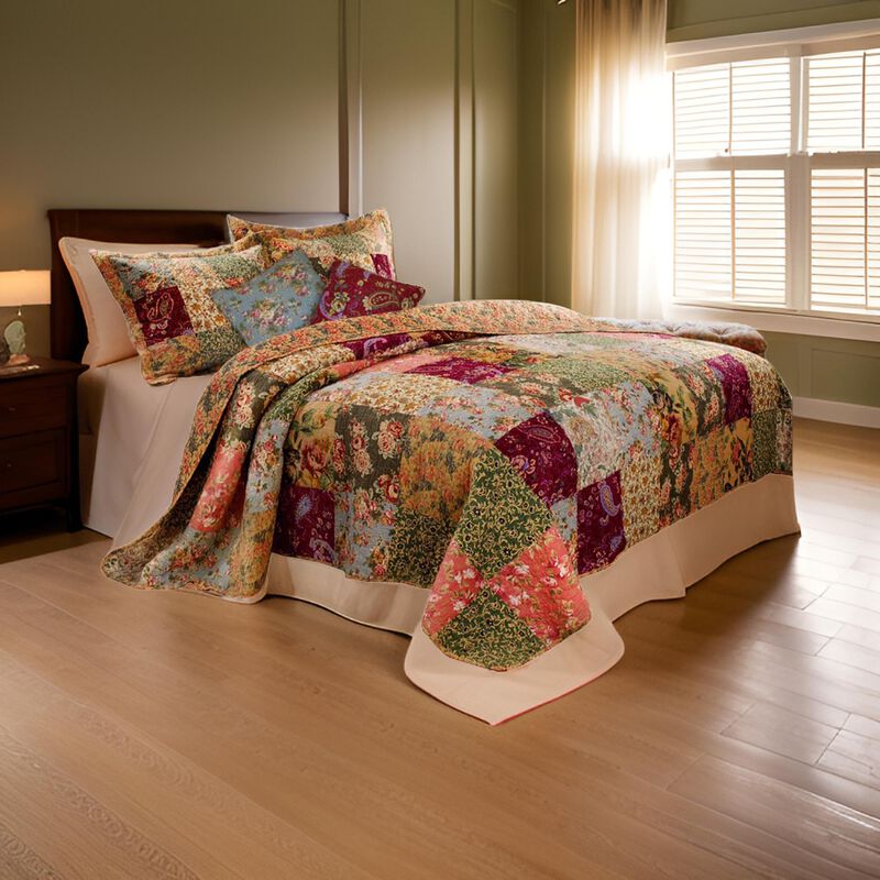 Kamet 5 Piece Fabric King Size Quilt Set with Floral Prints, Multicolor - Benzara