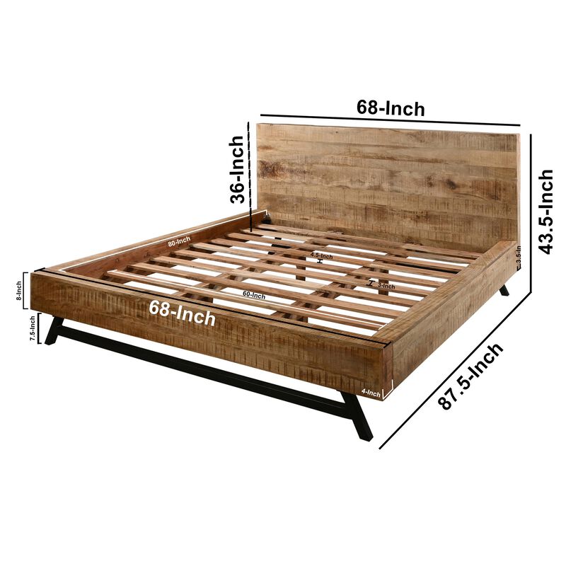 Bree Modern Rustic Queen Size Platform Bed, Brown Acacia & Mango Wood Frame, Black Iron Angled Legs