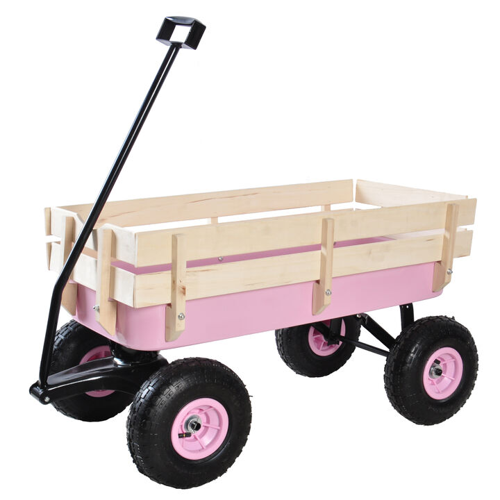 Outdoor Wagon All Terrain Pulling with Wood Railing Air Tires Children Kid Garden