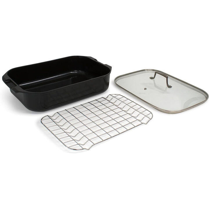Blu. Cookware Roasting Pan with Lid and Roasting Rack, Non-Toxic, Non-Stick Ceramic, PFA/PFOA-Free, Suitable for all Cooktops, Bamboo Cleaning Brush