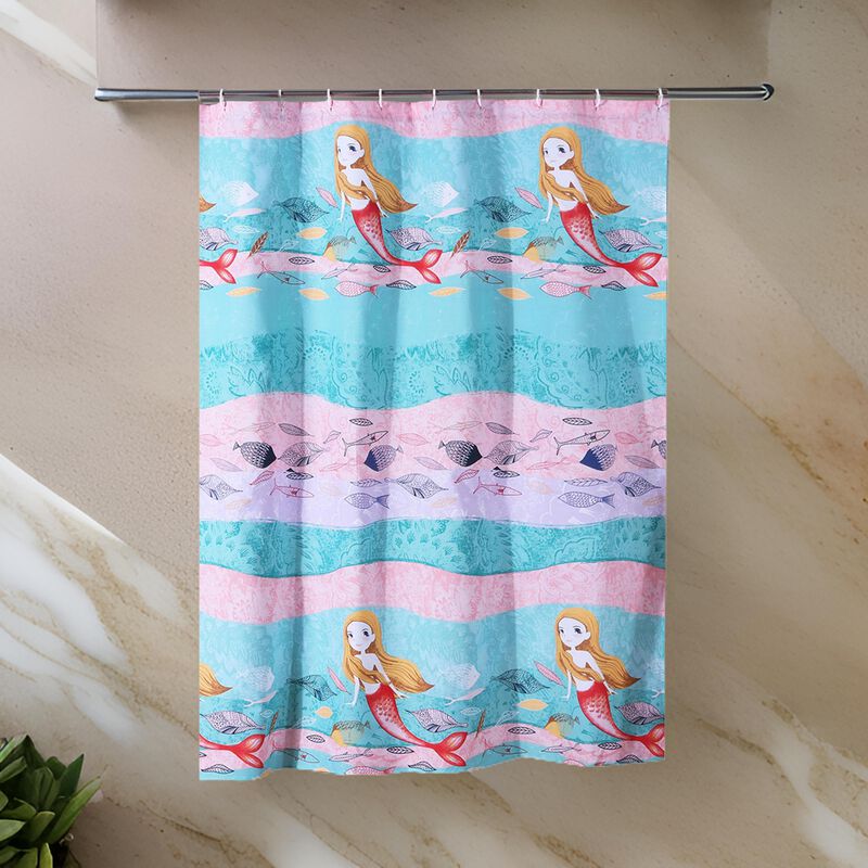 Wini 72 x 72 Inch Shower Curtain, Mermaid Print, Blue, Pink Polyester - Benzara