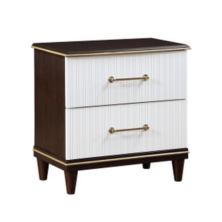 Shim 29 Inch Nightstand with 2 Drawers, Gold, White, and Cherry Brown Wood - Benzara