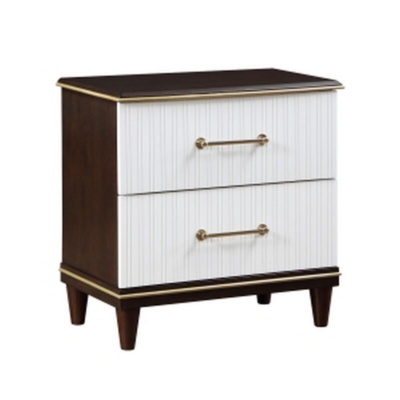 Shim 29 Inch Nightstand with 2 Drawers, Gold, White, and Cherry Brown Wood - Benzara