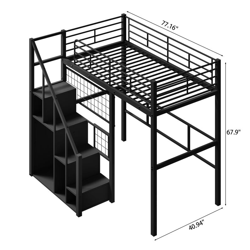 Merax Metal Loft Bed with Storage Staircase and Small Wardrobe