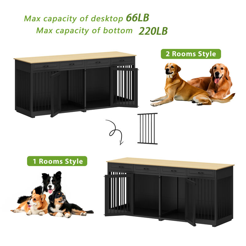 Black Large Dog Crate Furniture Wooden Dog Crate Kennel with 4-Drawers and Divider Dog Crates for 2 Large Dogs, 86.6 in.