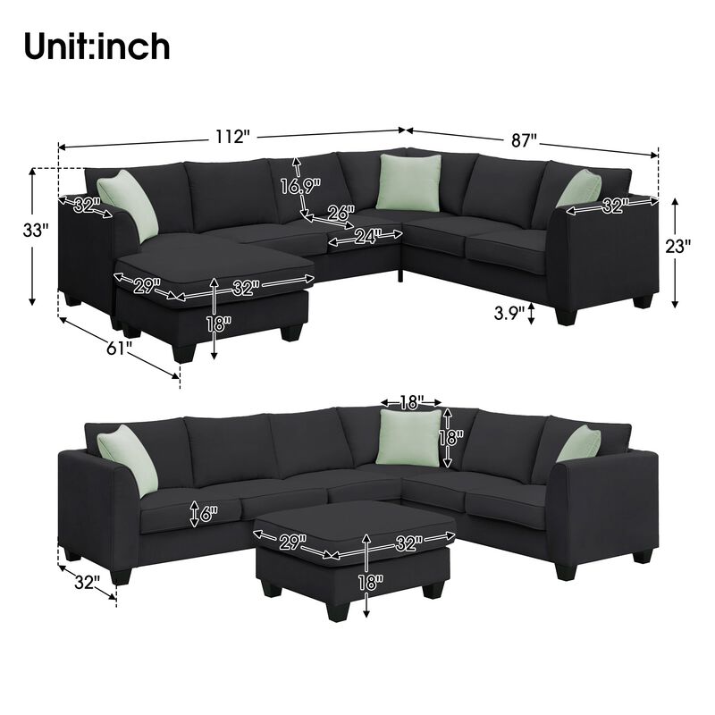 MONDAWE Sectional Sofa Couches Living Room Sets, 7 Seats Modular Sectional Sofa with Ottoman, L Shape Fabric Sofa Corner Couch Set with 3 Pillows