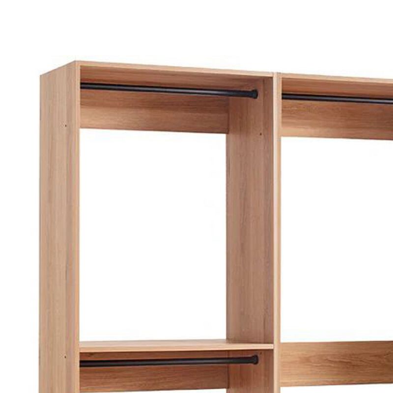 Dee Modular Closet System, 4 Clothing Racks, 2 Drawers, Oak Brown Wood - Benzara