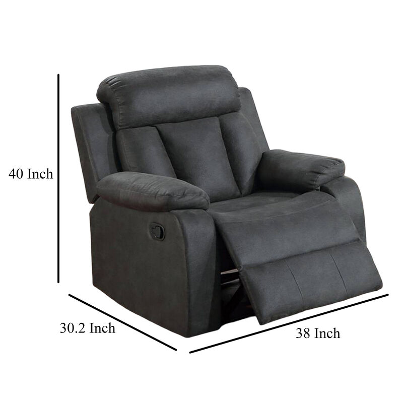 Corie Manual Recliner Chair, Pillow Cushioned, Dark Gray Faux Leather - Benzara