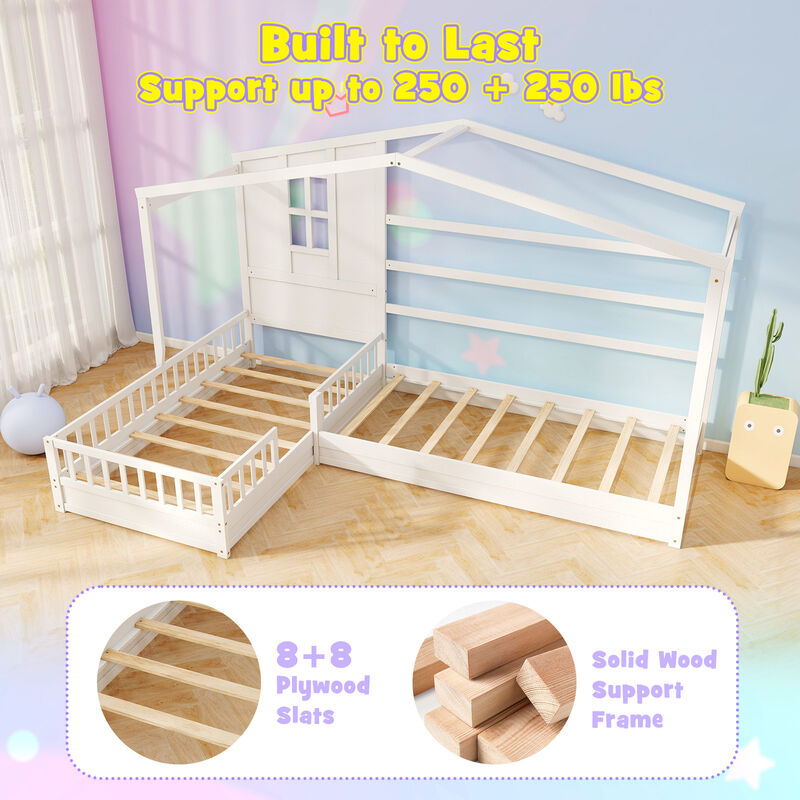 L-shaped Double House Platform Beds with Fences Corner Bed Frame
