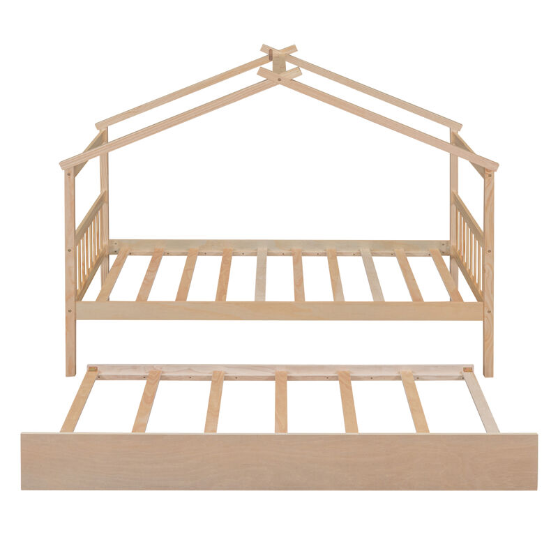 Twin Size Wooden House Bed With Twin Size Trundle, Natural