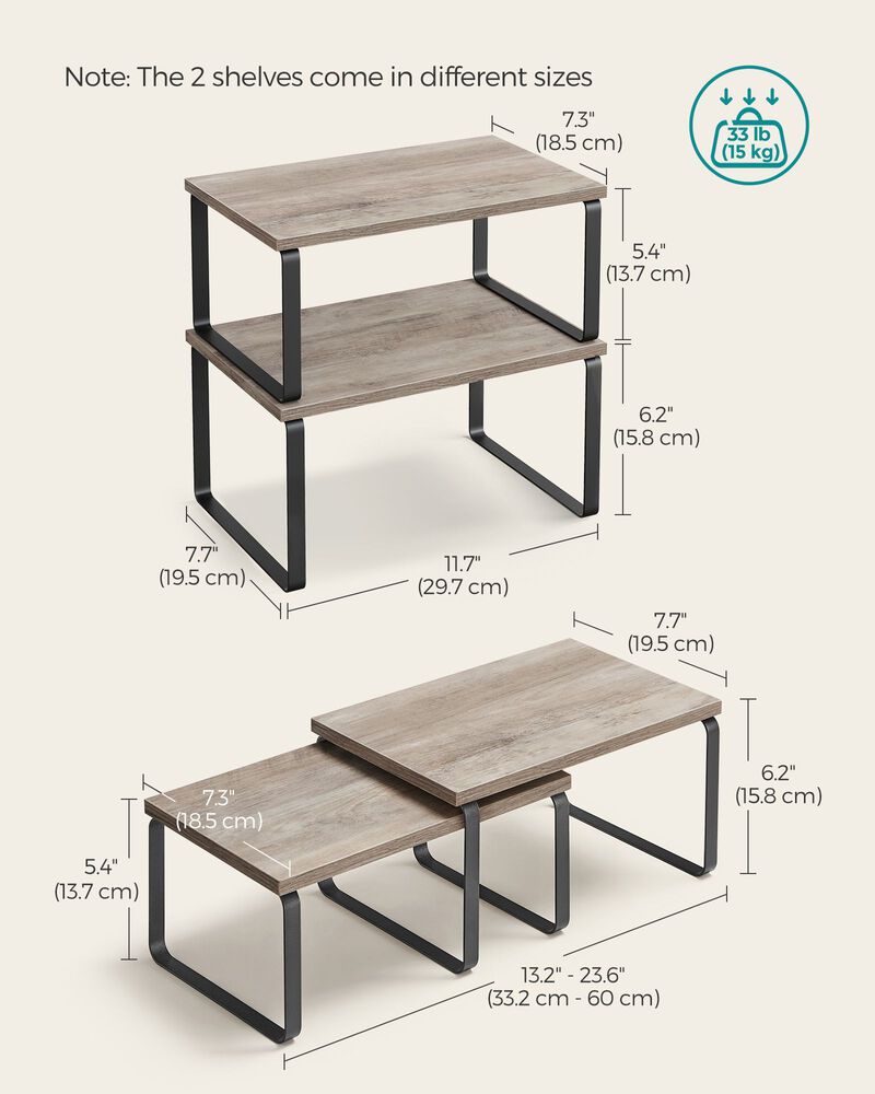 Expandable and Stackable Cabinet Shelf Organizer – Metal and Bamboo Kitchen Counter Shelves, Set of 2