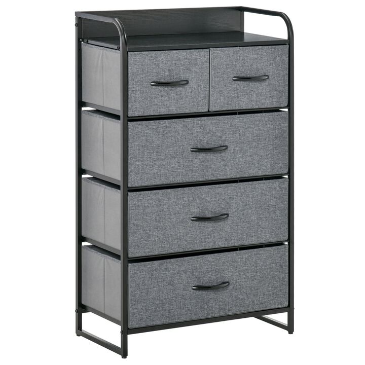 Gray Bedroom Organizer: 5-Drawer Dresser with Steel Frame and Wooden Top