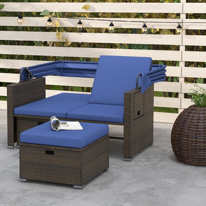 Outdoor Patio Rattan Daybed with Retractable Canopy and Adjustable Backrests