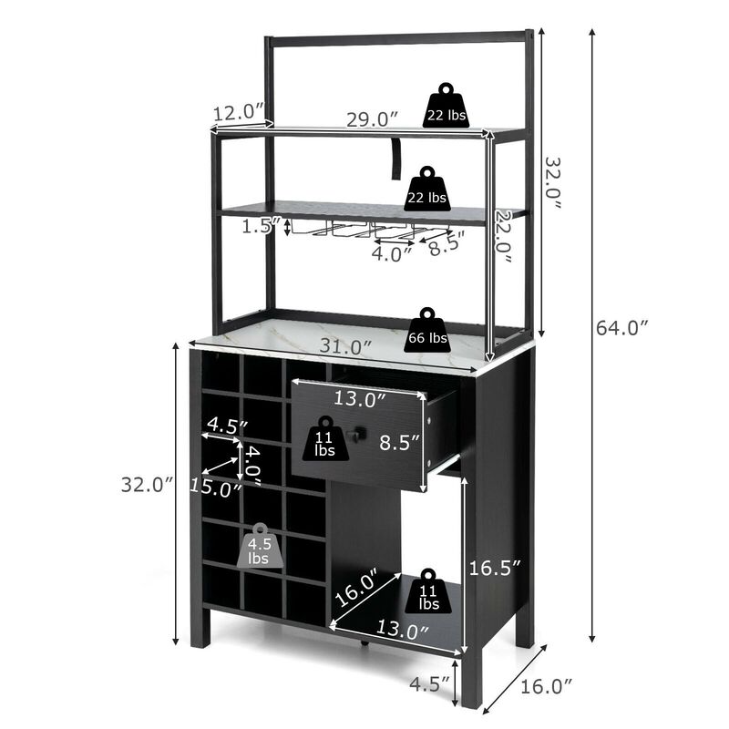 Kitchen Bakers Rack Freestanding Wine Rack Table with Glass Holder and Drawer