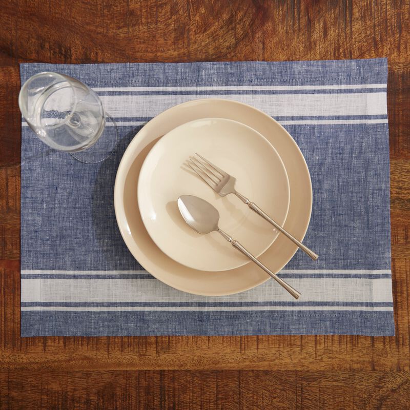 Solino Home 100% Pure Linen Stripe Placemats 14 x 19 Inch Set of 4 | Farmhouse Stripe