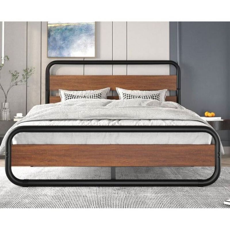 Hivvago King size Heavy Duty Industrial Modern Metal Wood Platform Bed Frame with Headboard