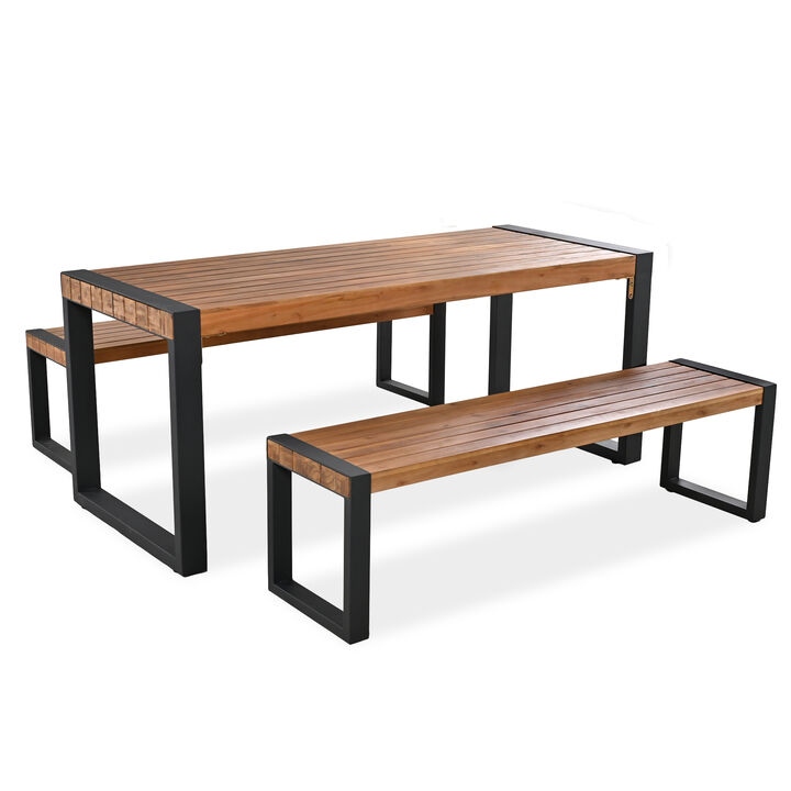 Whisen Outdoor Dining Table With 2 Benches, Patio Dining Set With Unique Top Texture, Acacia Wood Top & Steel Frame