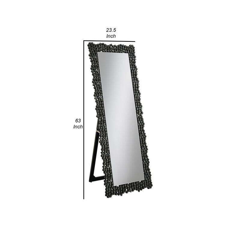 63 Inch Classic Portrait Floor Mirror, Rhinestone Inlay, Cheval, Black-Benzara