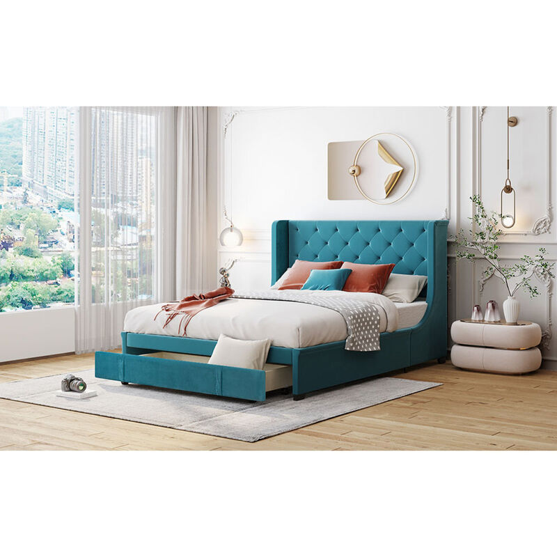 Streamdale Queen Velvet Storage Bed with Wingback Headboard, Drawer