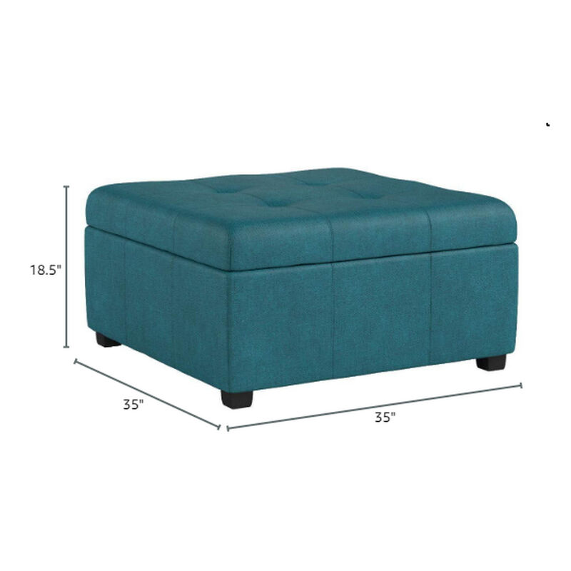 Carl Storage Ottoman, Teal Tufted Fabric, Soft Cushion, Black, 35 Inch - Benzara