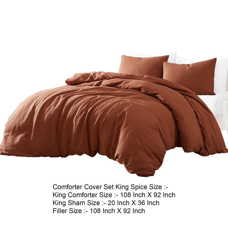 Edge 4 Piece King Size Duvet Comforter Set, Washed Linen, Rust Orange - Benzara