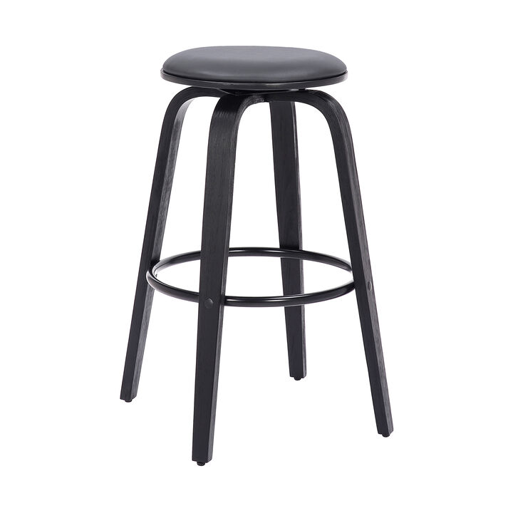 30 Inch Swivel Bar Stool, Wood and Vegan Faux Leather, Gray-Benzara