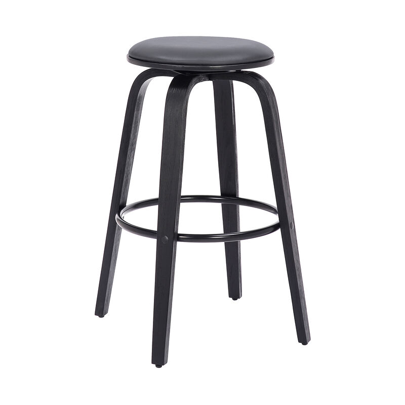 30 Inch Swivel Bar Stool, Wood and Vegan Faux Leather, Gray-Benzara