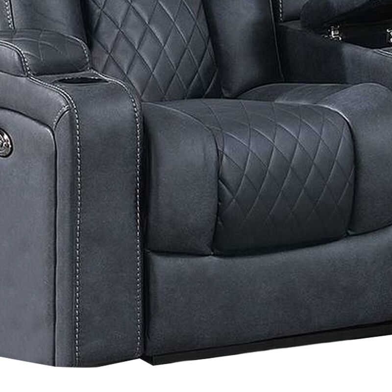 Elva 72 Inch Power Reclining Loveseat, Lift Top Storage Console, Blue-Benzara