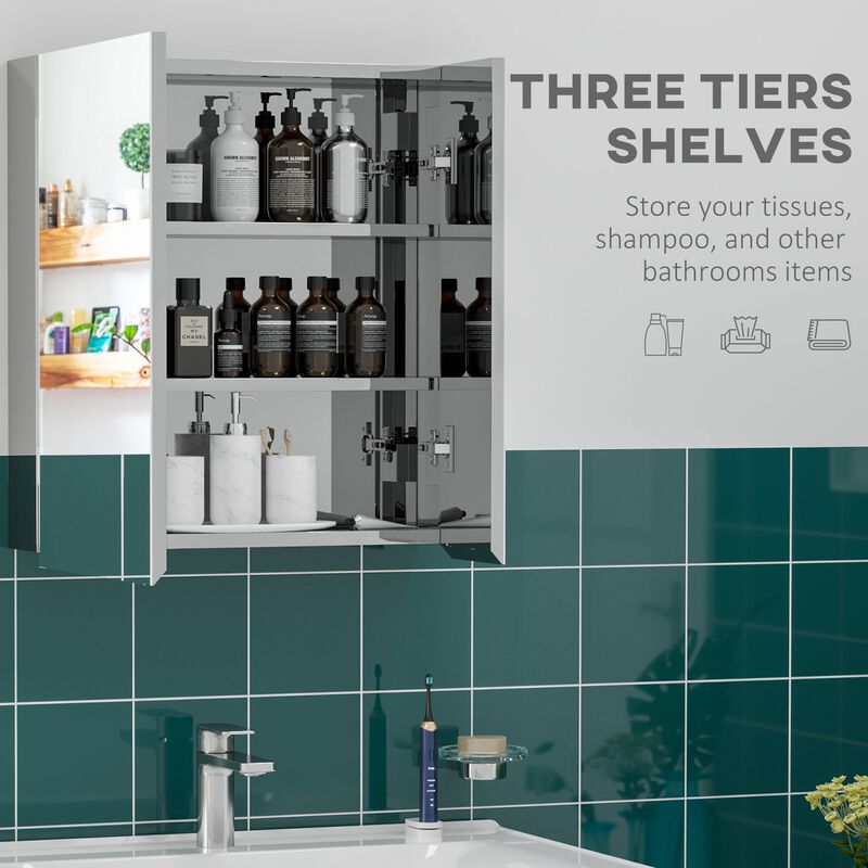 Silver Bathroom Organizer: Mirrored Medicine Cabinet with 3-Tier Shelves