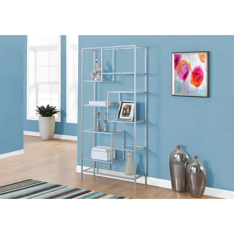 Monarch Specialties I 7158 Bookshelf, Bookcase, Etagere, 72"H, Office, Bedroom, Metal, Tempered Glass, Grey, Clear, Contemporary, Modern
