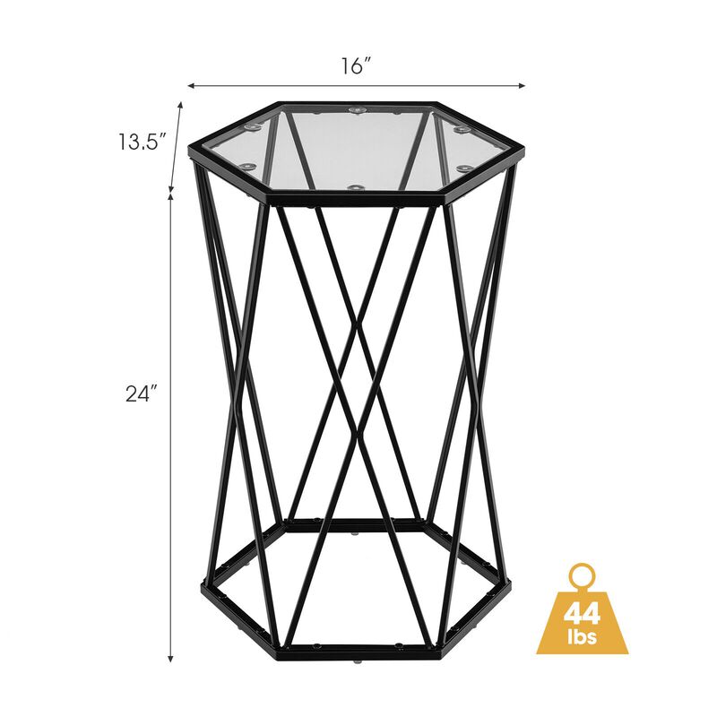 Hexagonal Accent End Table with Tempered Glass Top and Metal Frame