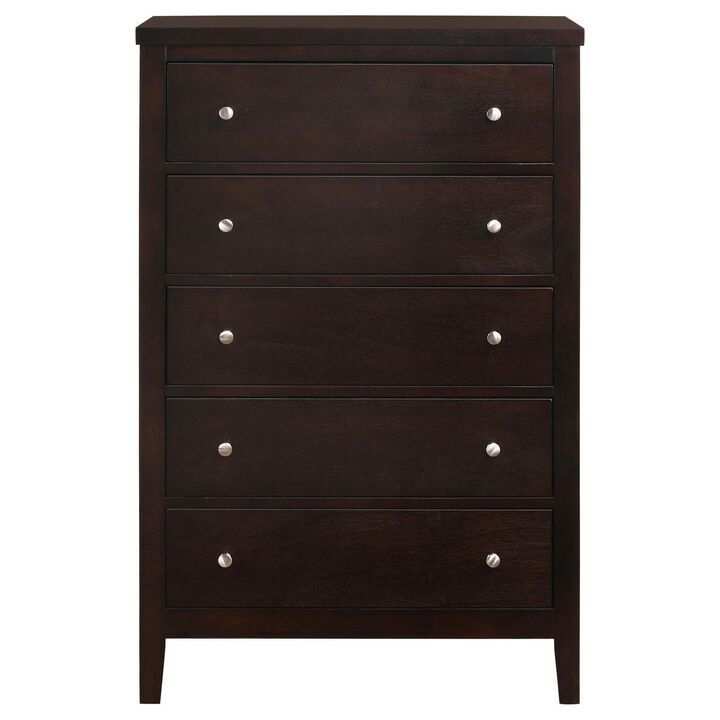 Con 48 Inch Tall 5 Drawer Dresser Chest, Silver Knobs, Cappuccino Brown-Benzara