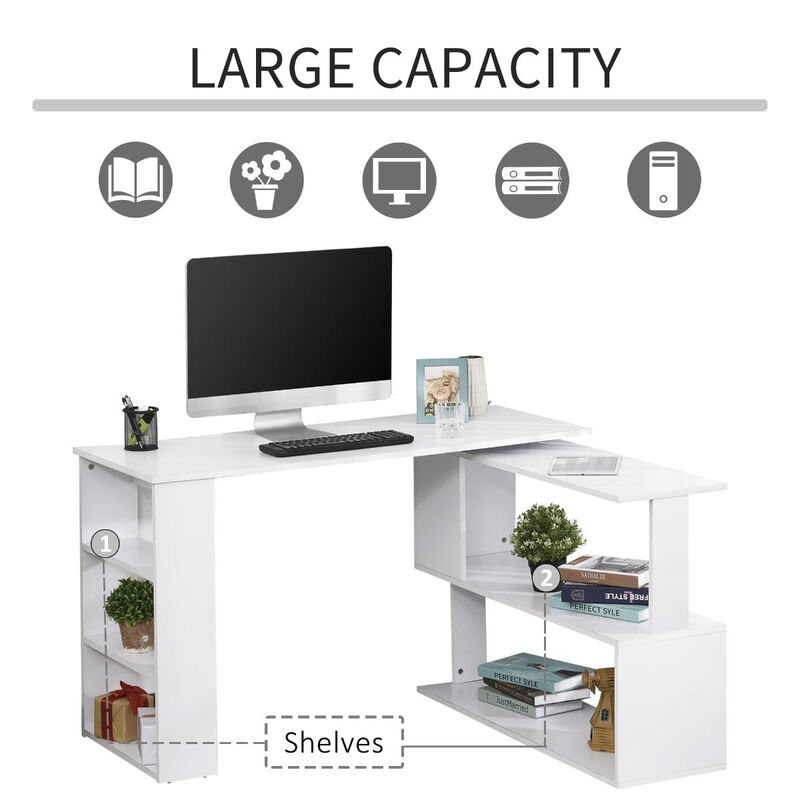 White Multitasking Hub: 360° Rotating L-Shaped Office Desk with Storage